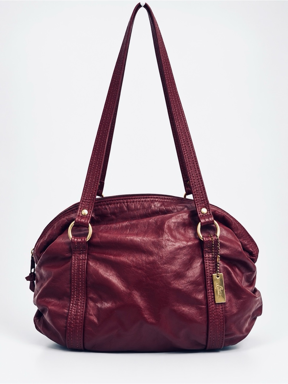 Letisse Vintage Burgundy Leather Barrel Shoulder Bag Purse Double Strap